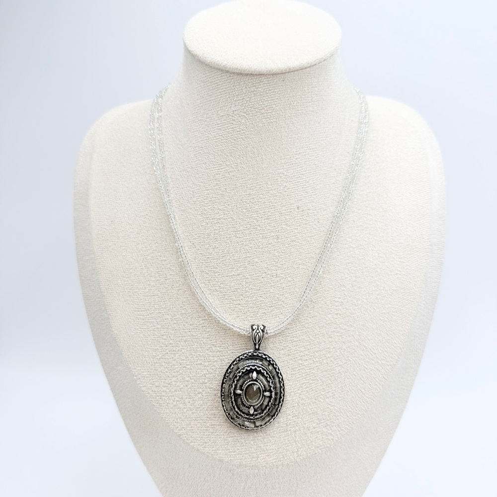 NWT B. Moss Silver Tone Pendant Necklace Clear Beads Statement